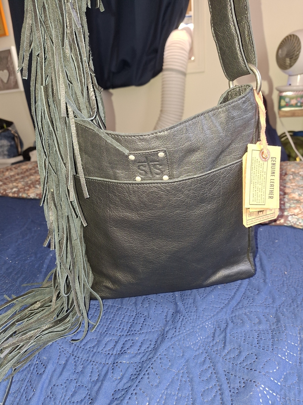 Genuine Leather Fringe Shoulder Bag - Black